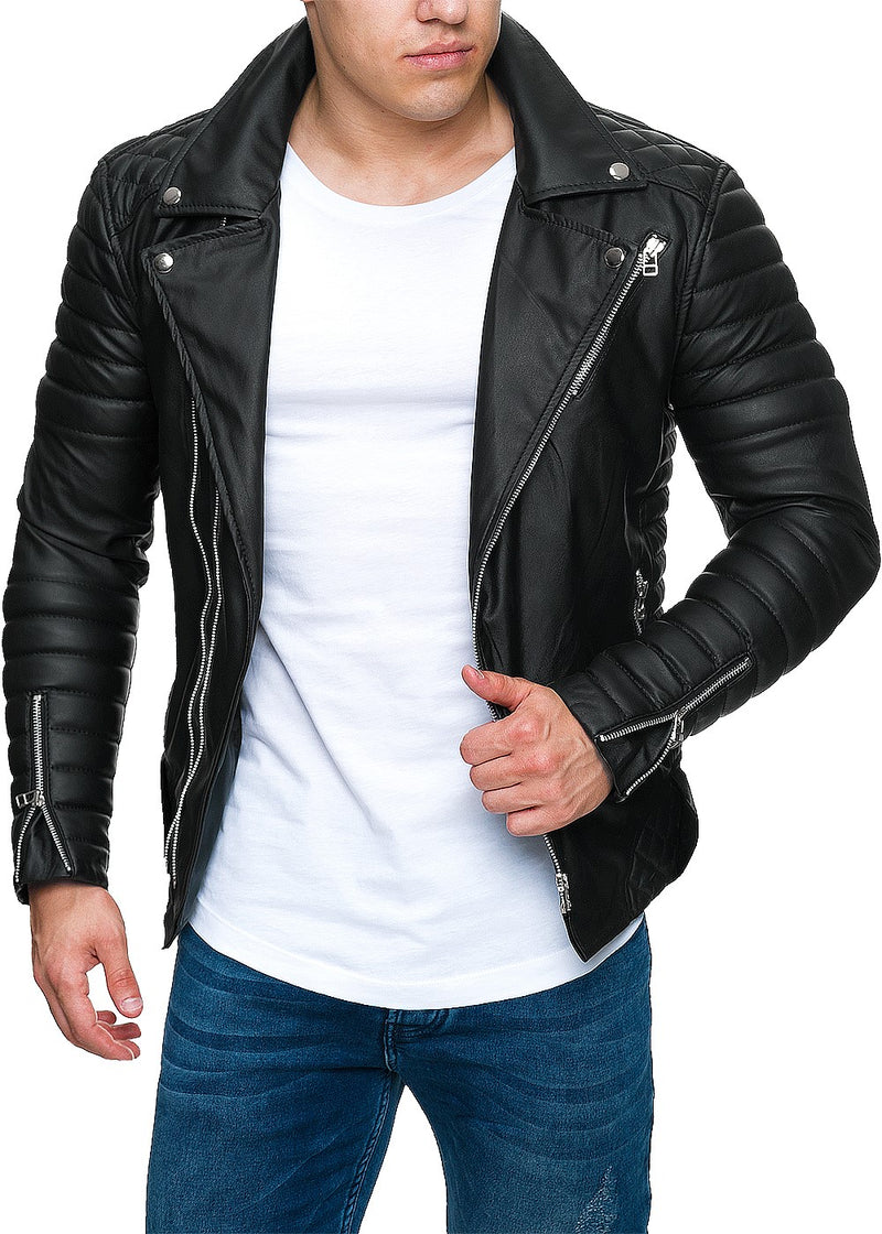 Herren Slim Fit Kunstleder Jacke Silver Zipper RS001PU - Black PU