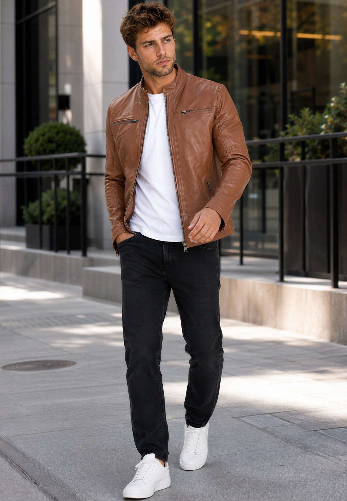 Herren Slim Fit Echtlederjacke Silver Zipper in Brown – Reichstadt – Ansicht 3