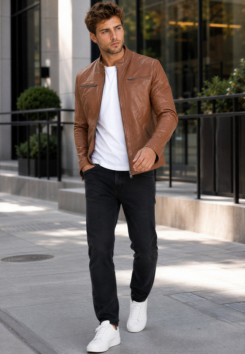 Herren Slim Fit Echtlederjacke Silver Zipper 20RS20LUX - Brown