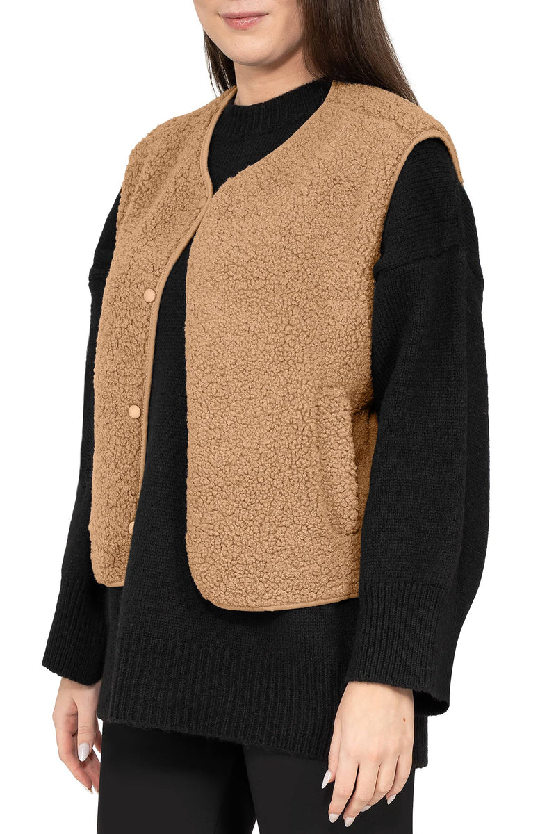 Damen Relaxed Fit Teddy Weste 25RSW098 - Dark Beige