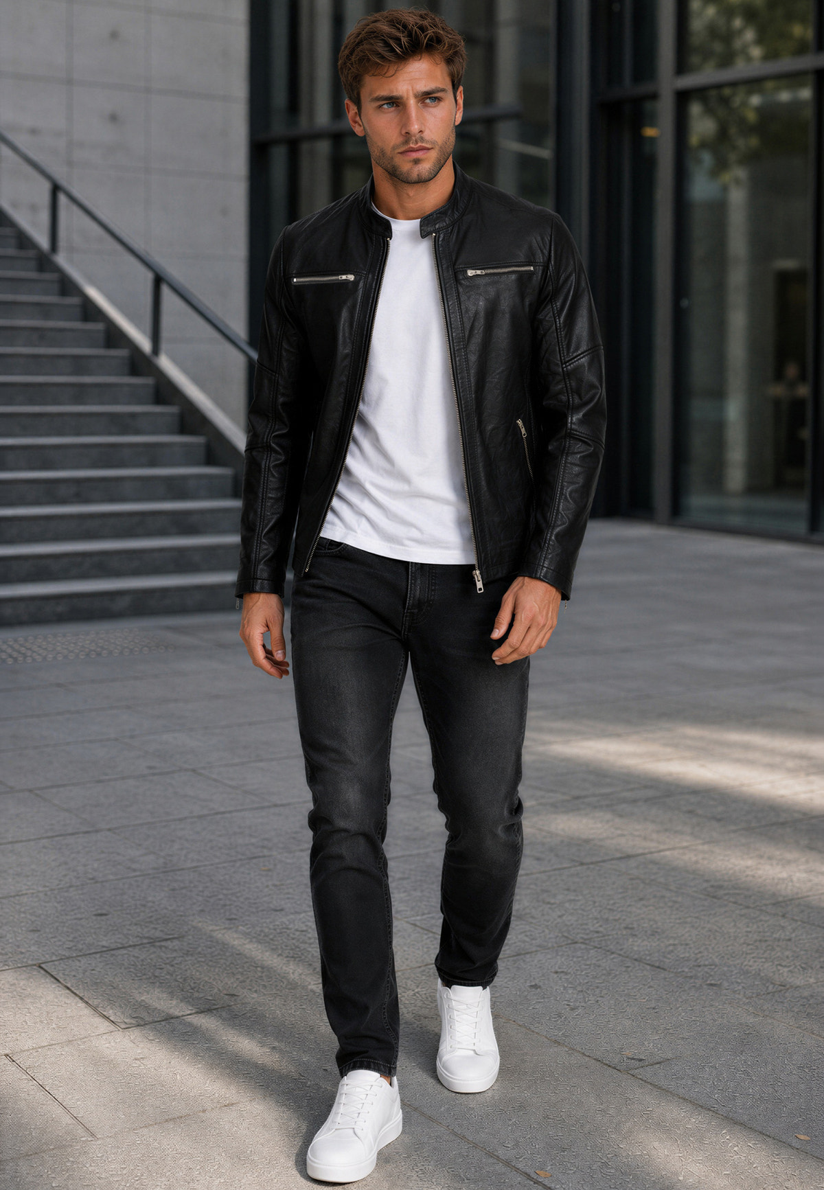 Herren Slim Fit Echtlederjacke Silver Zipper in Black – Reichstadt – Ansicht 3
