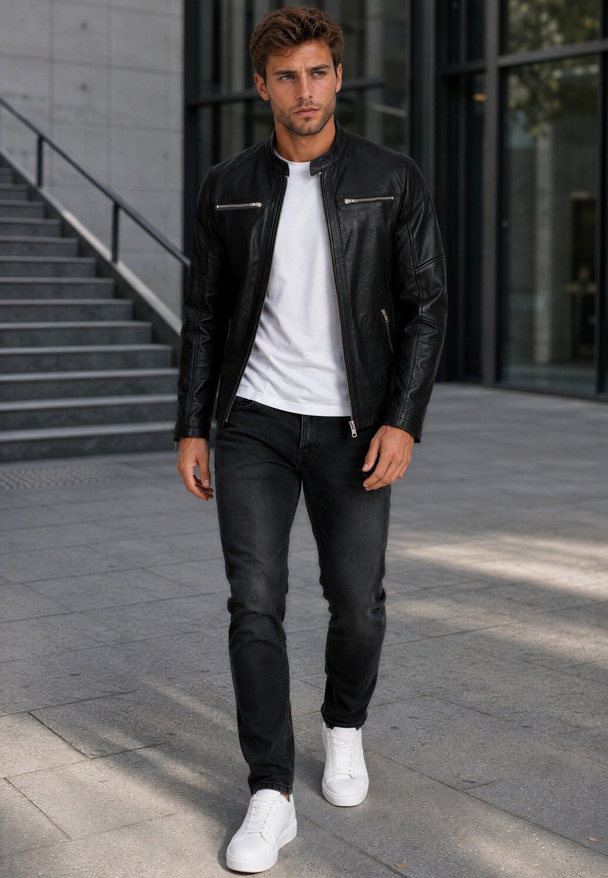 Herren Slim Fit Echtlederjacke Silver Zipper in Black – Reichstadt – Ansicht 3