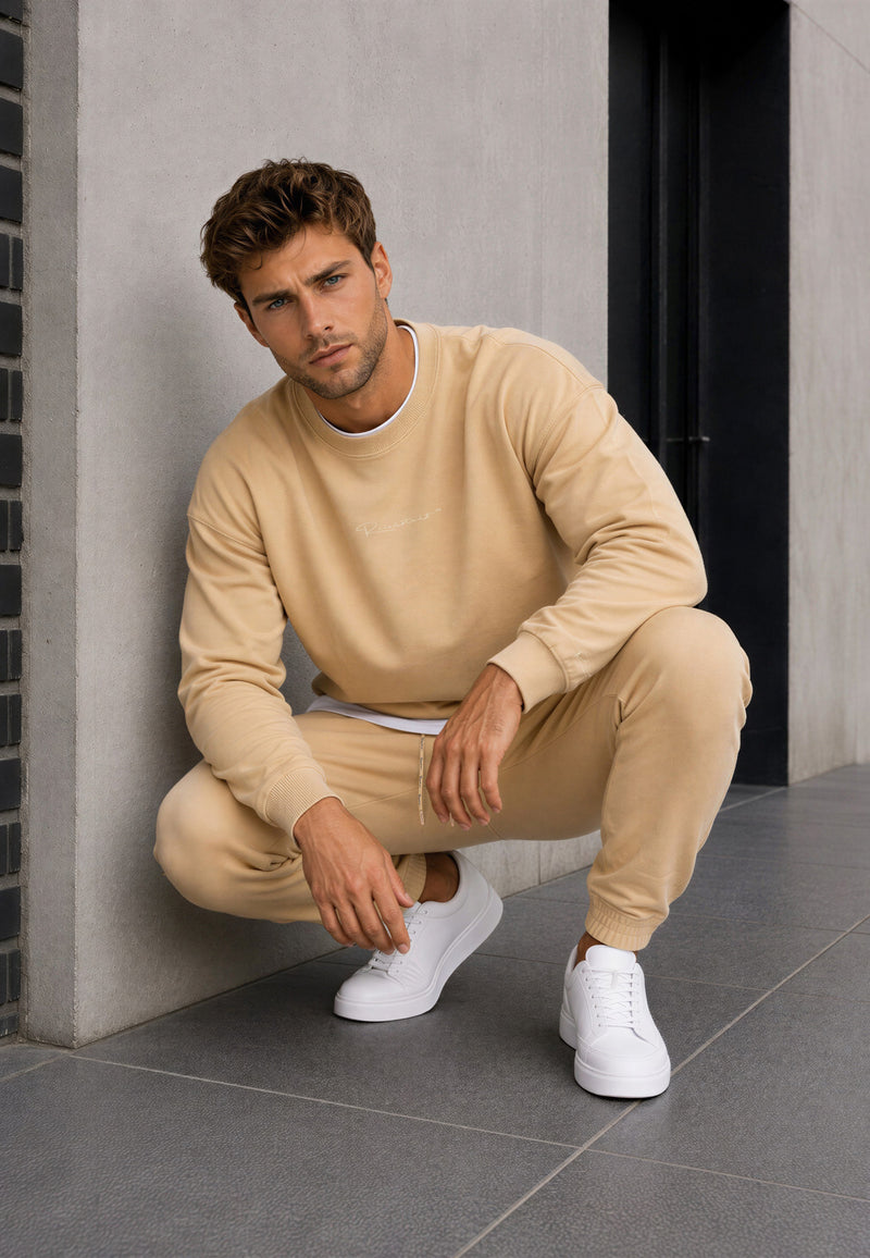 Herren Regular Fit Pullover Logo-Stitching 23RS037 - Beige