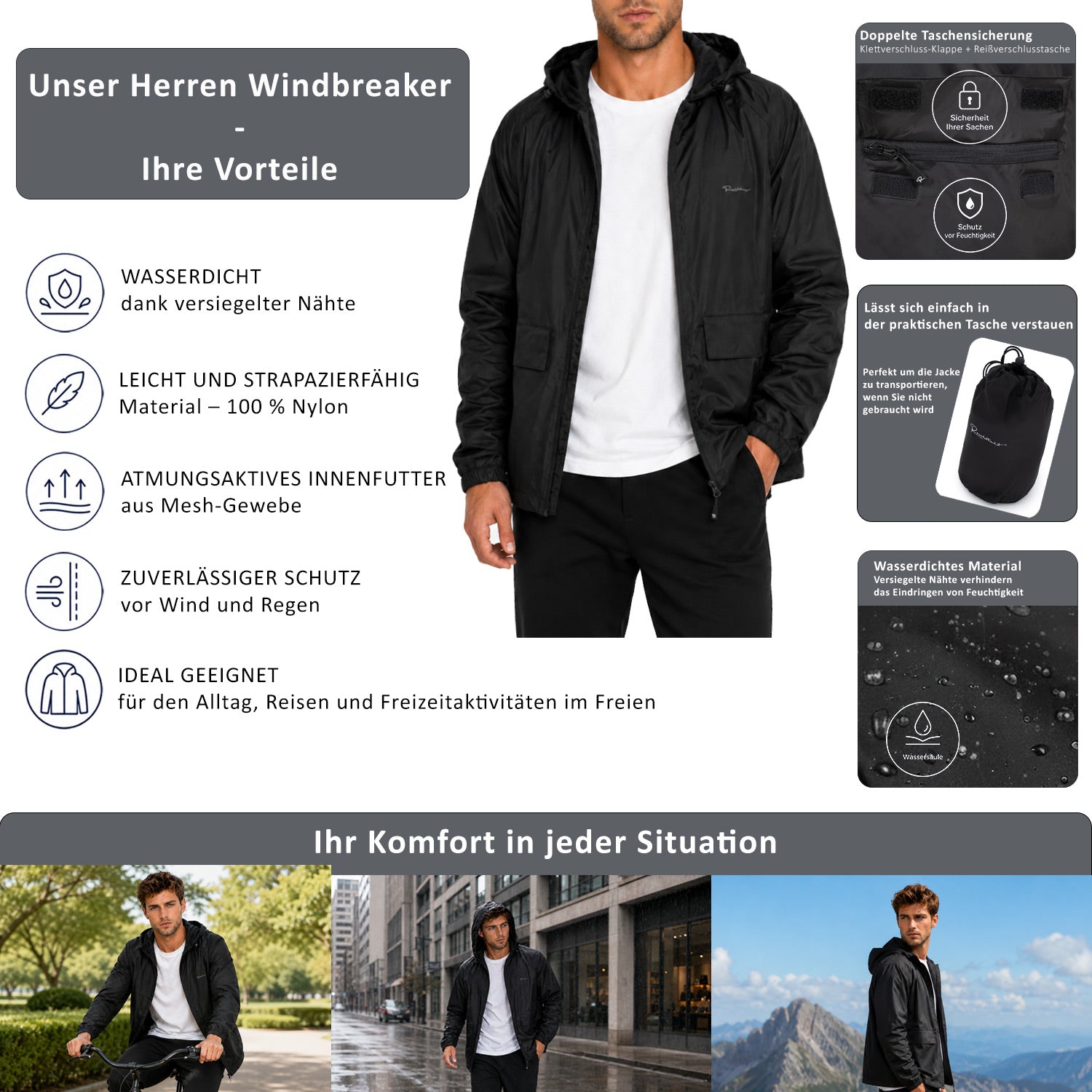 Herren Relaxed Fit Allwetter Windbreaker 24RS053 - Black
