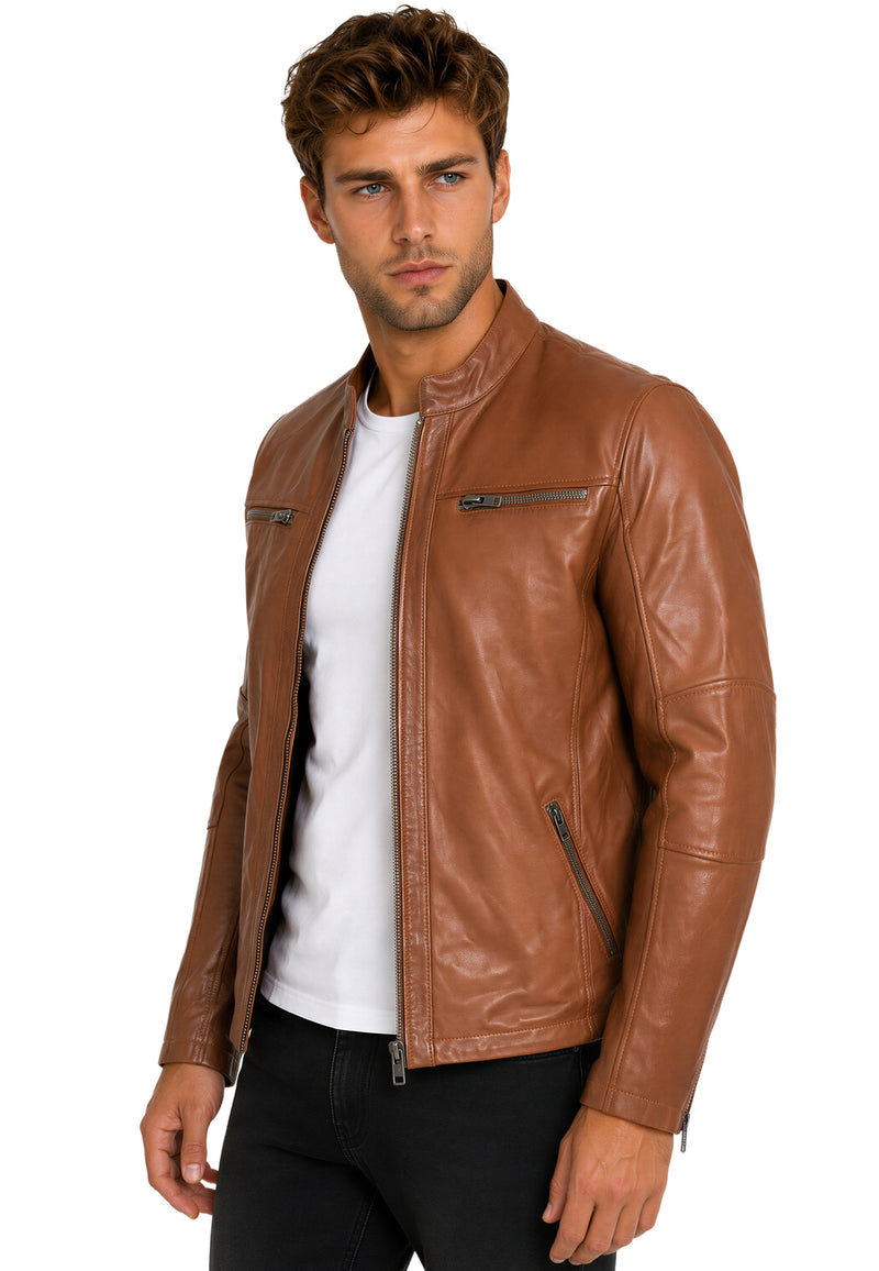 Herren Slim Fit Echtlederjacke Silver Zipper 20RS20LUX - Brown