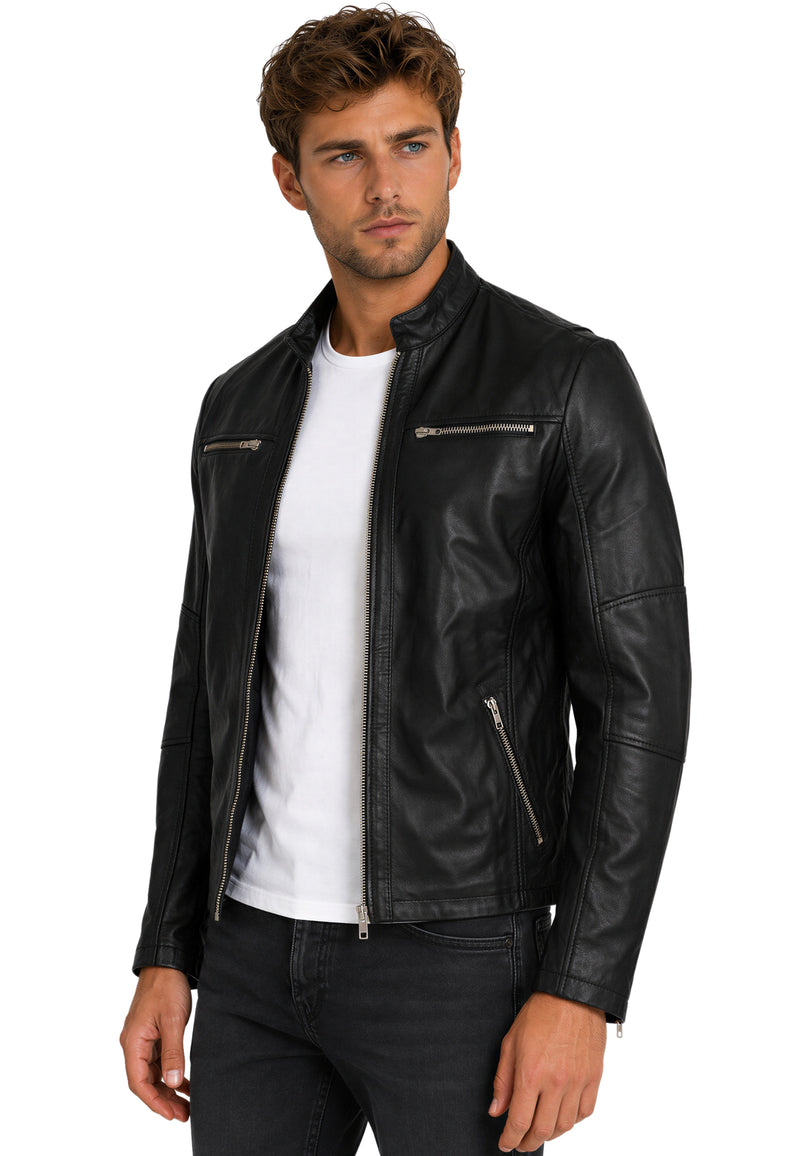 Herren Slim Fit Echtlederjacke Silver Zipper 20RS20LUX - Black
