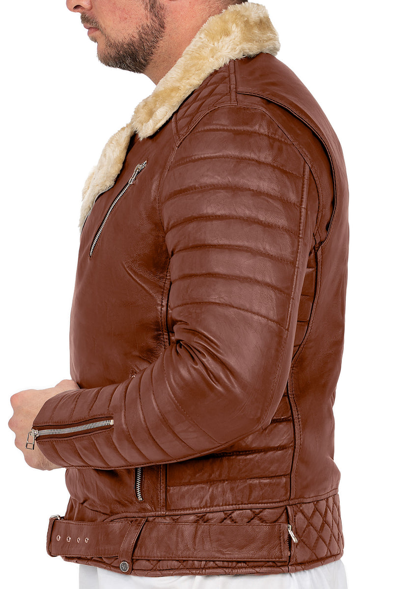 Herren Slim Fit Echtlederjacke Black Zipper RS008LUX - Cognac