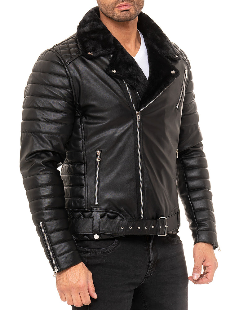 Herren Slim Fit Kunstlederjacke Silver Zipper RS008PU - Black