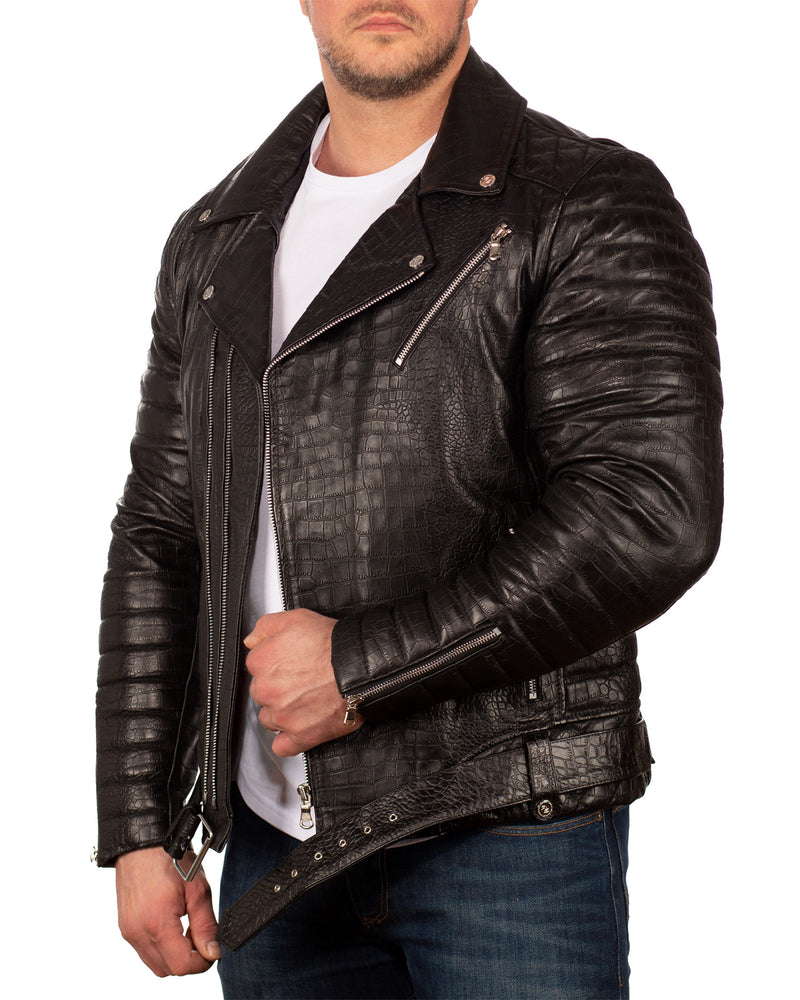Herren Slim Fit Echtleder Jacke Crocodile Silver Zipper 20RS23LUX - Black