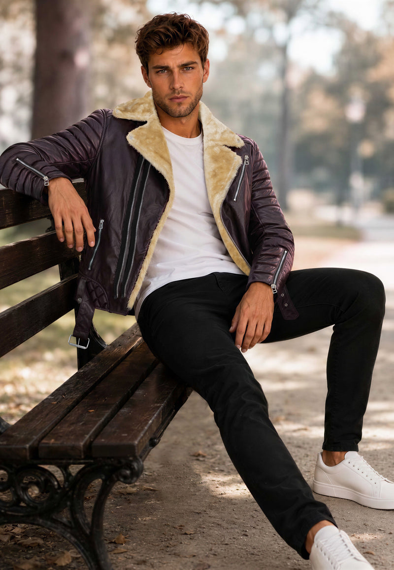 Herren Slim Fit Kunstlederjacke Silver Zipper RS008PU - Brown