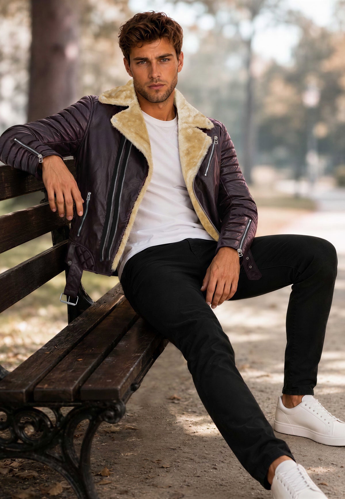 Herren Slim Fit Echtlederjacke Black Zipper RS008LUX - Brown