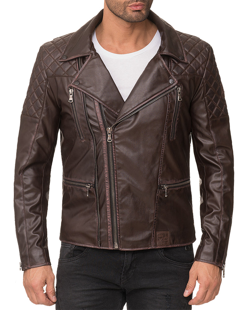 Herren Regular Fit Kunstlederjacke Gunmetal Zipper RS007 PU - Dark Brown
