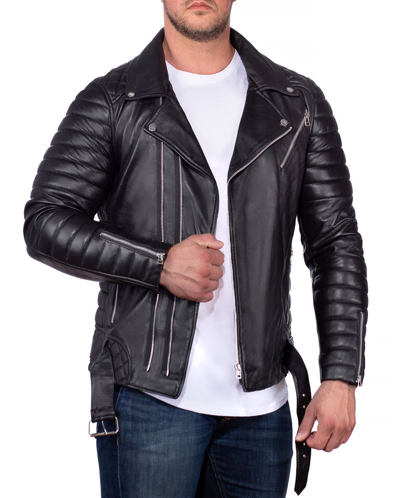 Herren Slim Fit Kunstleder Jacke Silver Zipper RS001X PU - Black