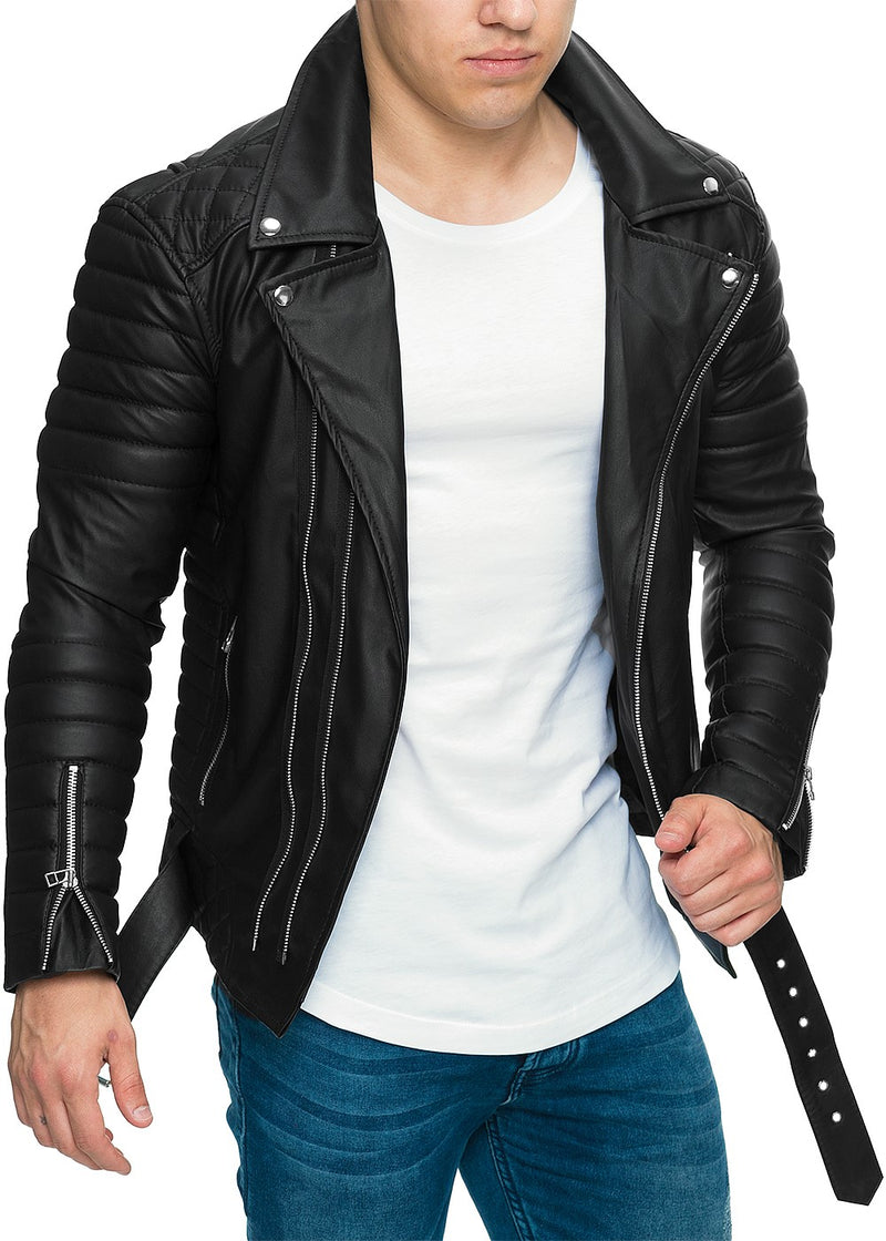 Herren Slim Fit Kunstleder Jacke Silver Zipper RS001PU - Black PU