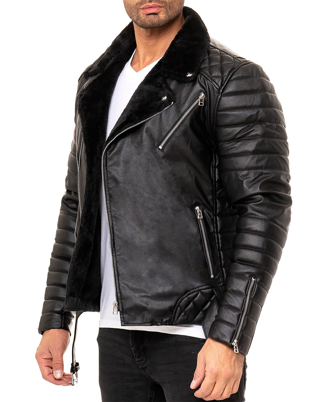 Herren Slim Fit Kunstlederjacke Silver Zipper in Black – Reichstadt – Ansicht 4
