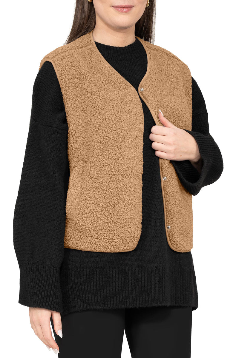 Damen Relaxed Fit Teddy Weste 25RSW098 - Dark Beige