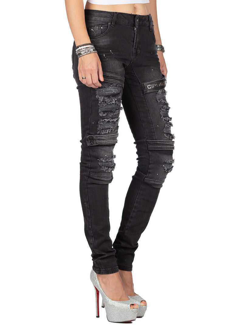 Damen Slim Fit Jeans Stonewashed WD383 - Black