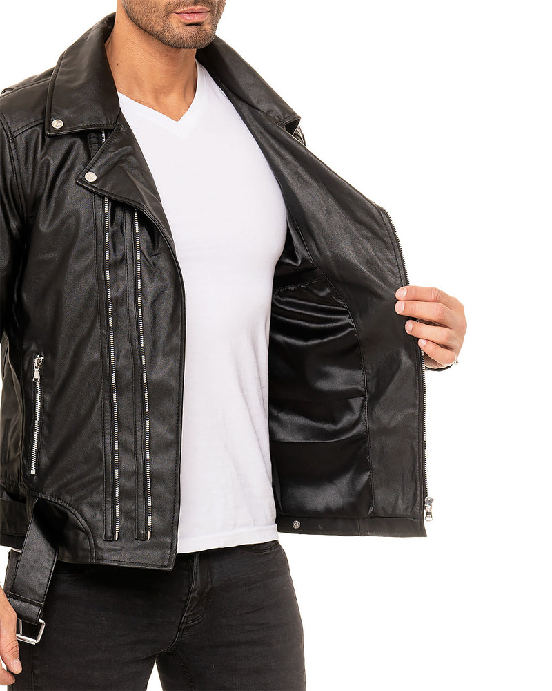 Reichstadt Herren Slim Fit Bikerjacke Echtleder Schwarz mit Silber-Zipper (Modell 19RS018) - Ansicht 4