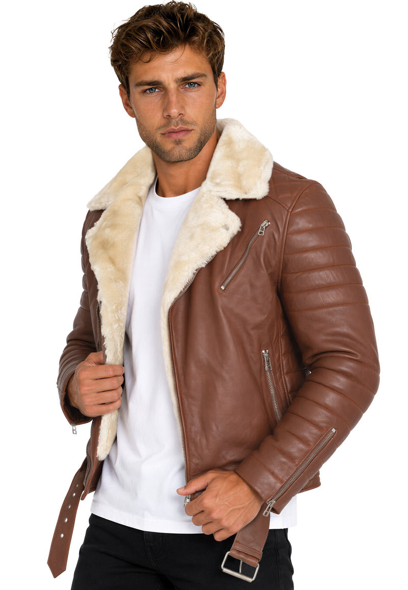 Herren Slim Fit Echtlederjacke Black Zipper RS008LUX - Cognac