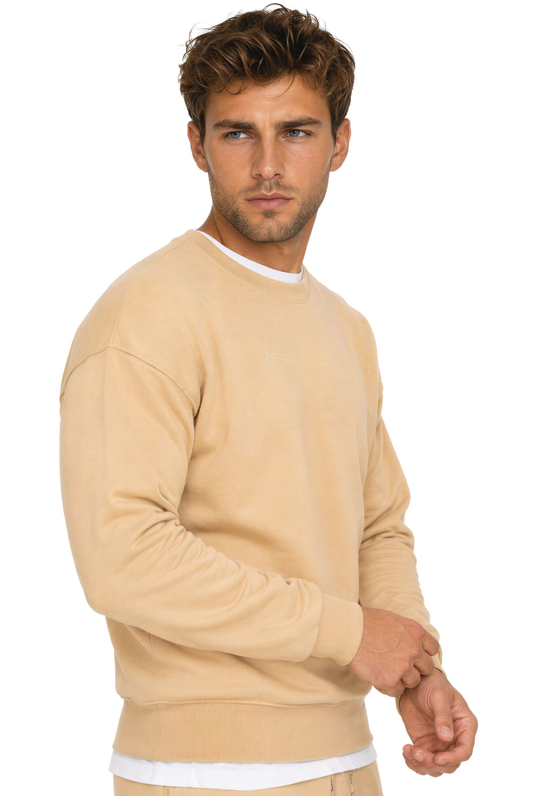 Herren Regular Fit Pullover Logo-Stitching 23RS037 - Beige