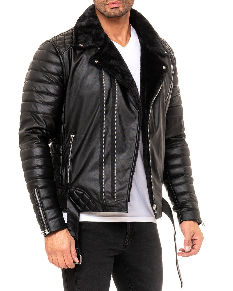Herren Slim Fit Kunstlederjacke Silver Zipper RS008PU - Black