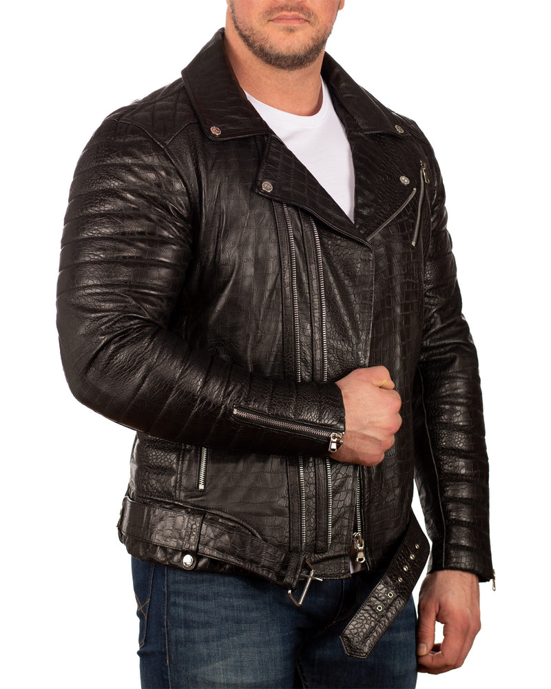 Herren Slim Fit Echtleder Jacke Crocodile Silver Zipper 20RS23LUX - Black