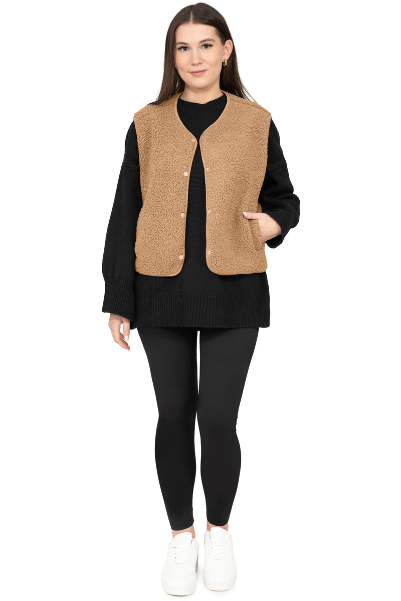 Damen Relaxed Fit Teddy Weste 25RSW098 - Dark Beige