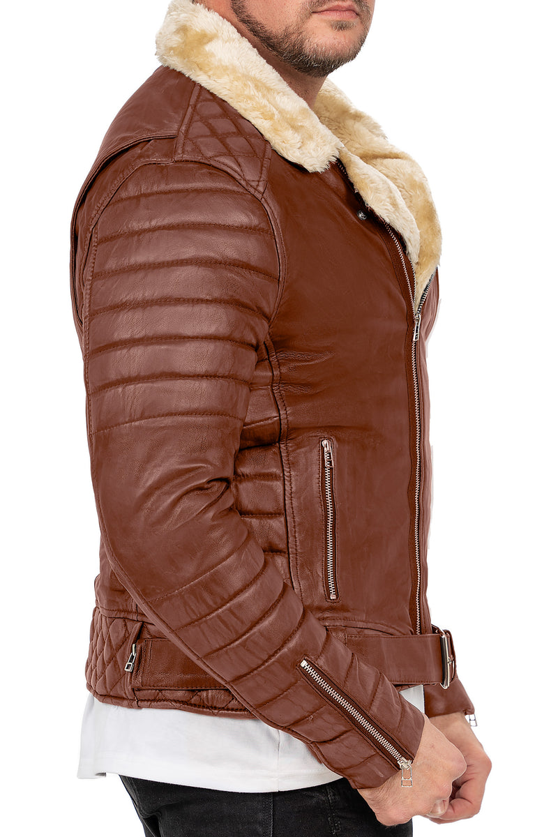 Herren Slim Fit Echtlederjacke Black Zipper RS008LUX - Cognac