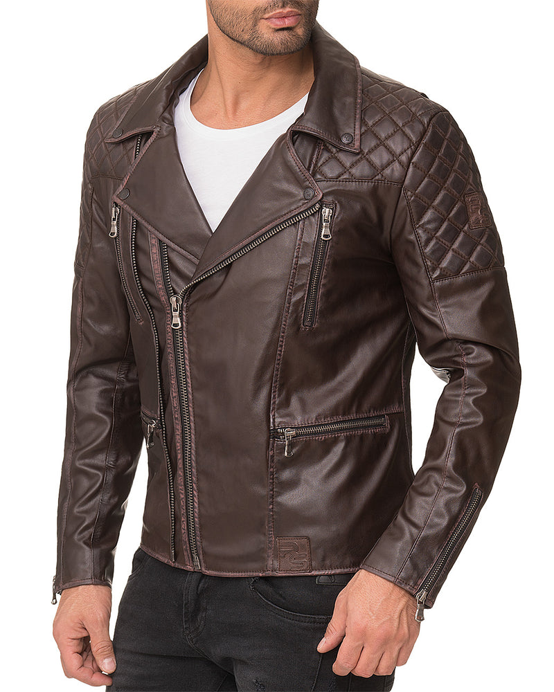Herren Regular Fit Kunstlederjacke Gunmetal Zipper RS007 PU - Dark Brown