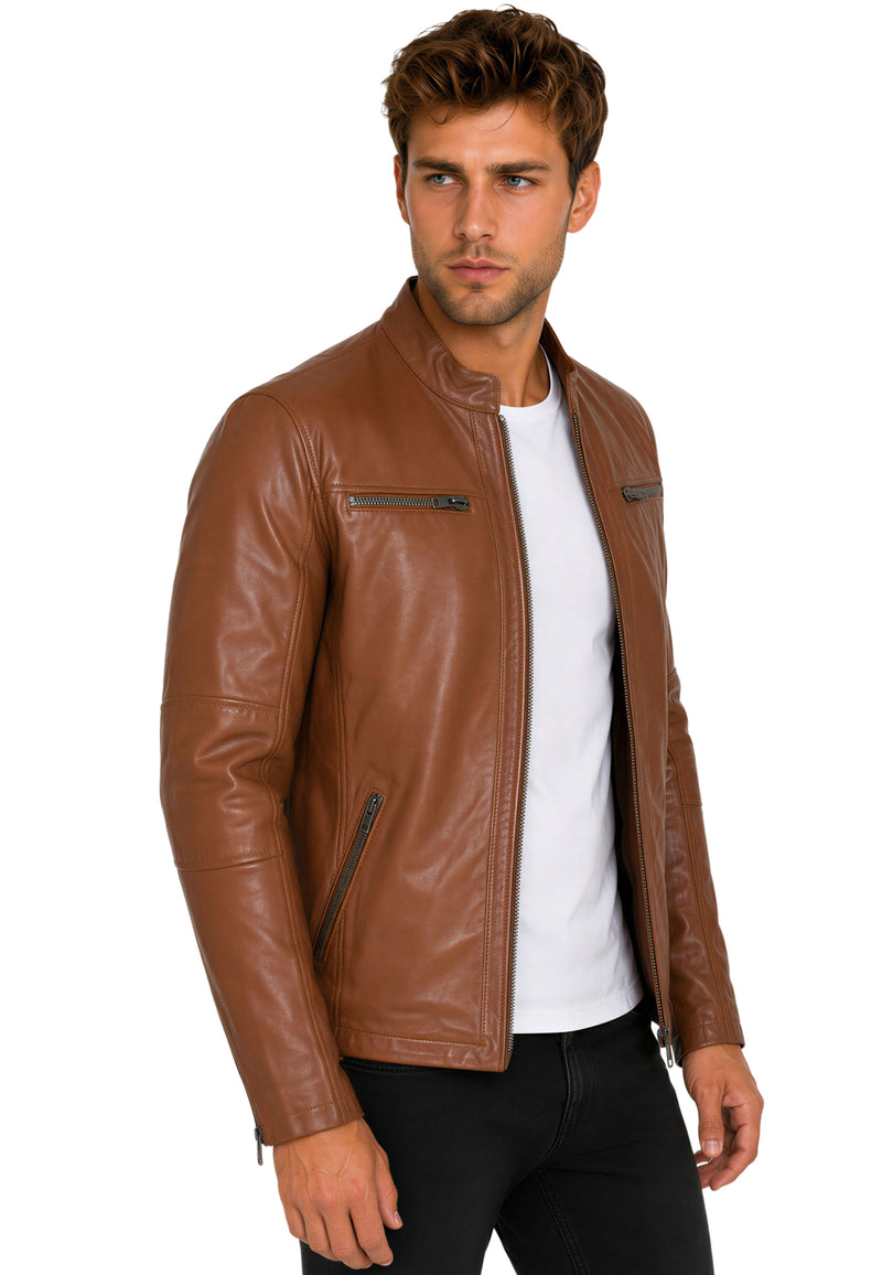 Herren Slim Fit Echtlederjacke Silver Zipper 20RS20LUX - Brown