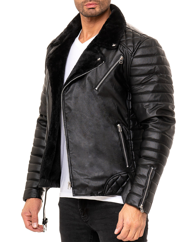 Herren Slim Fit Kunstlederjacke Silver Zipper RS008PU - Black