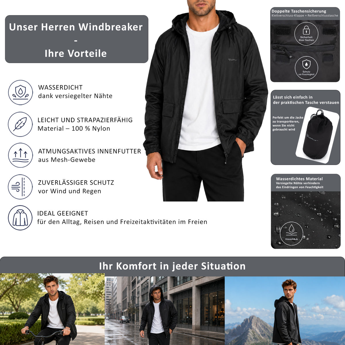 Herren Relaxed Fit Allwetter Windbreaker 24RS053 - Black