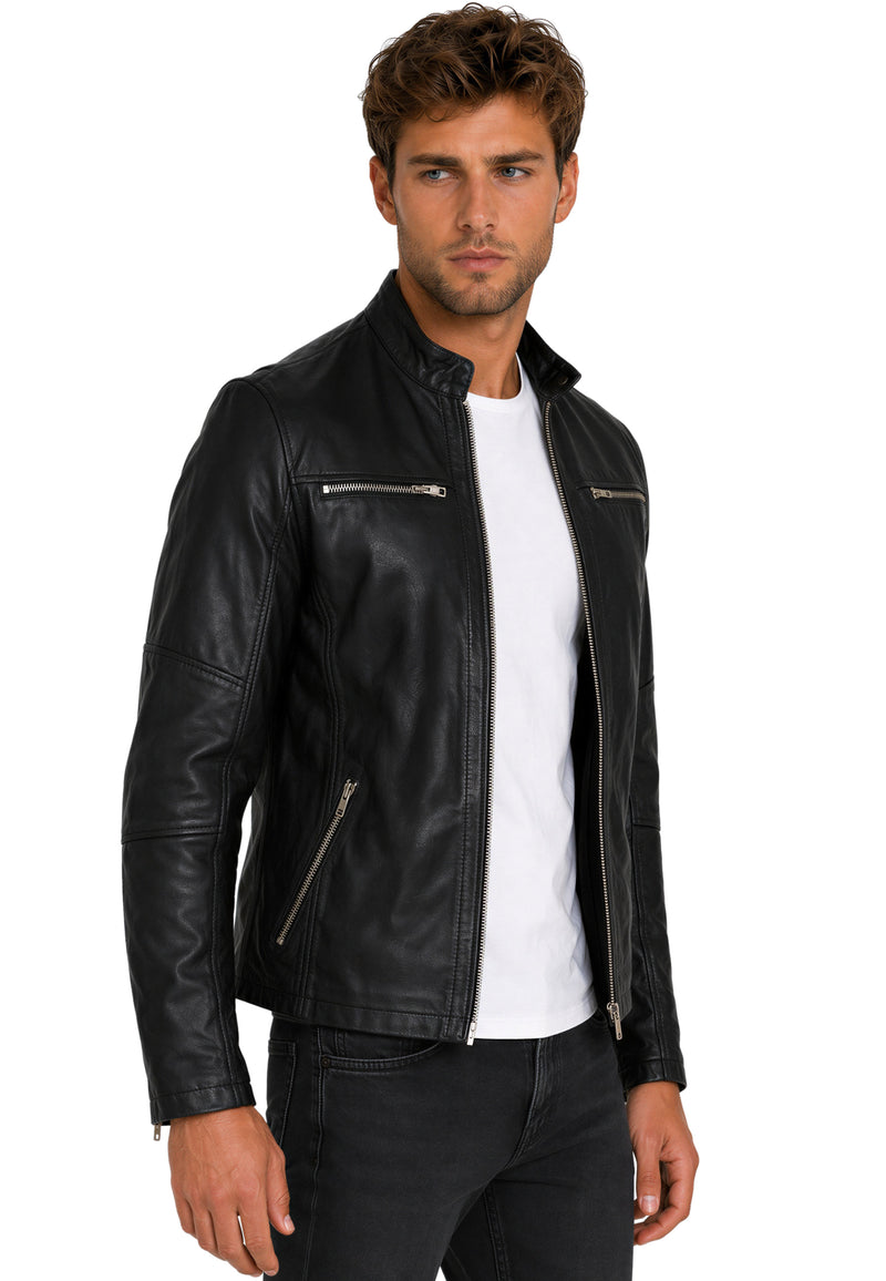 Herren Slim Fit Echtlederjacke Silver Zipper 20RS20LUX - Black