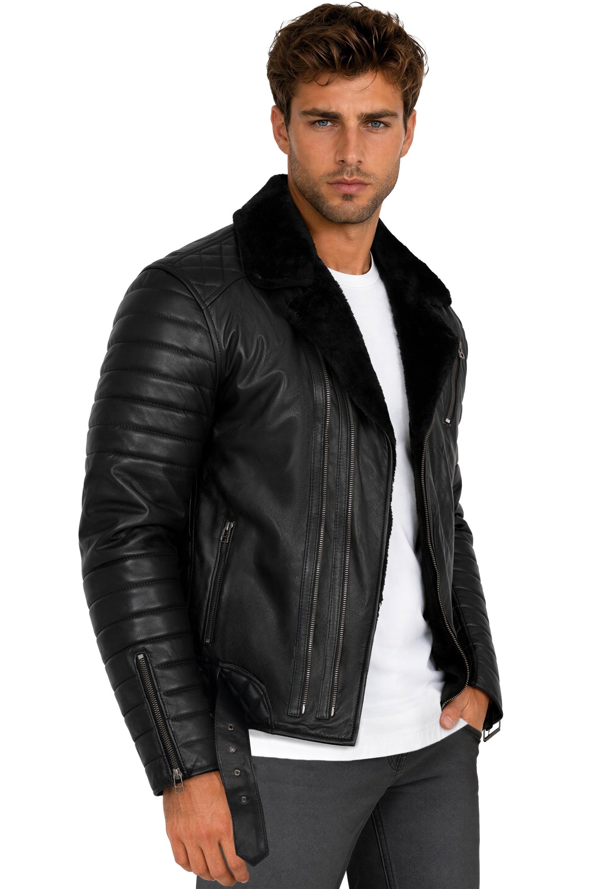 Herren Slim Fit Echtlederjacke Black Zipper RS008LUX - Black