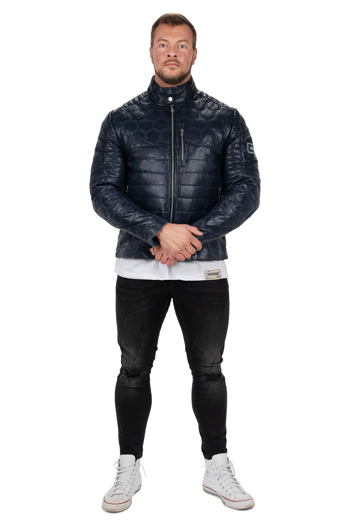Herren Slim Fit Echtlederjacke Echtleder in Navy – Reichstadt – Ansicht 6