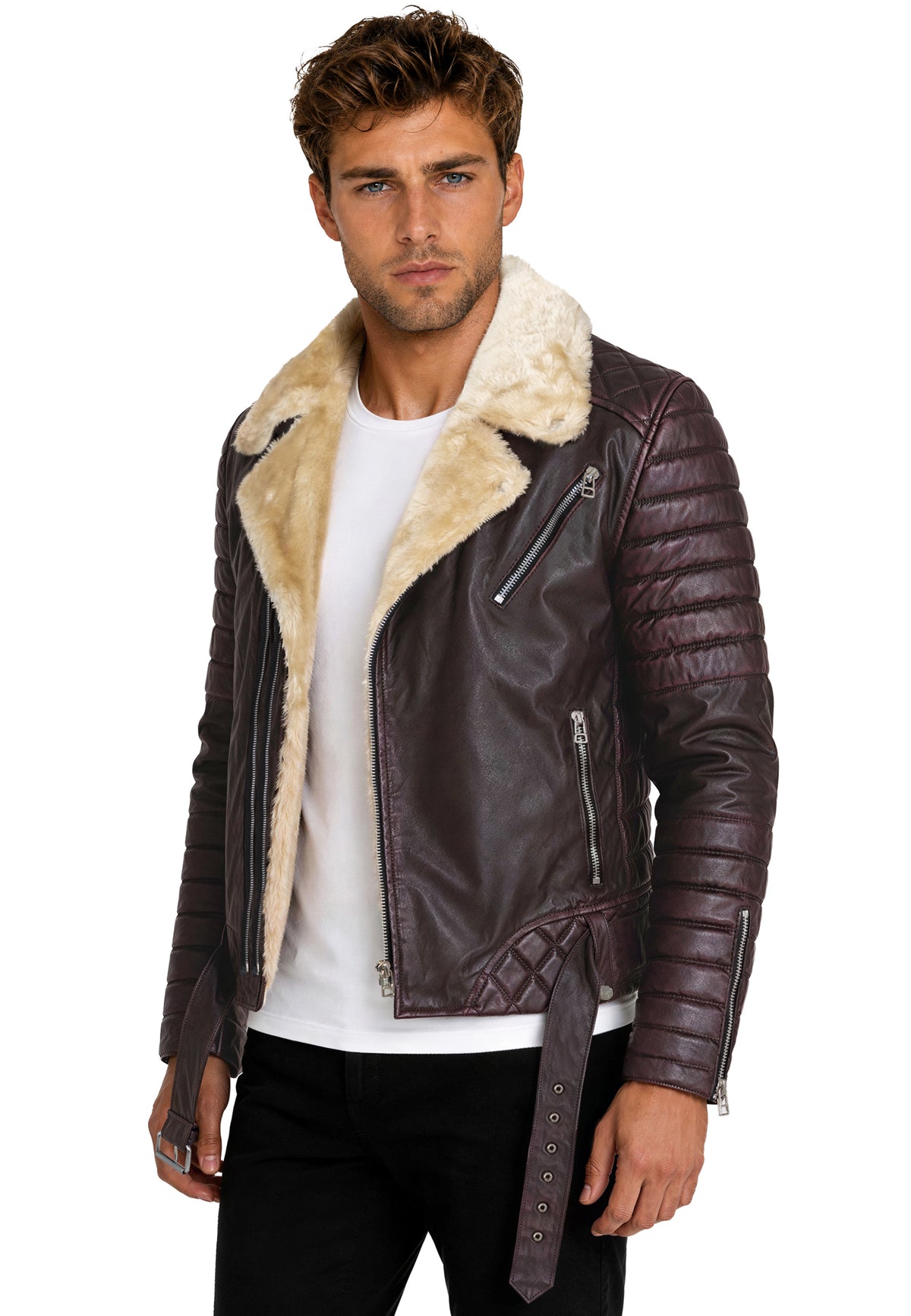Herren Slim Fit Kunstlederjacke Silver Zipper in Brown – Reichstadt – Ansicht 6