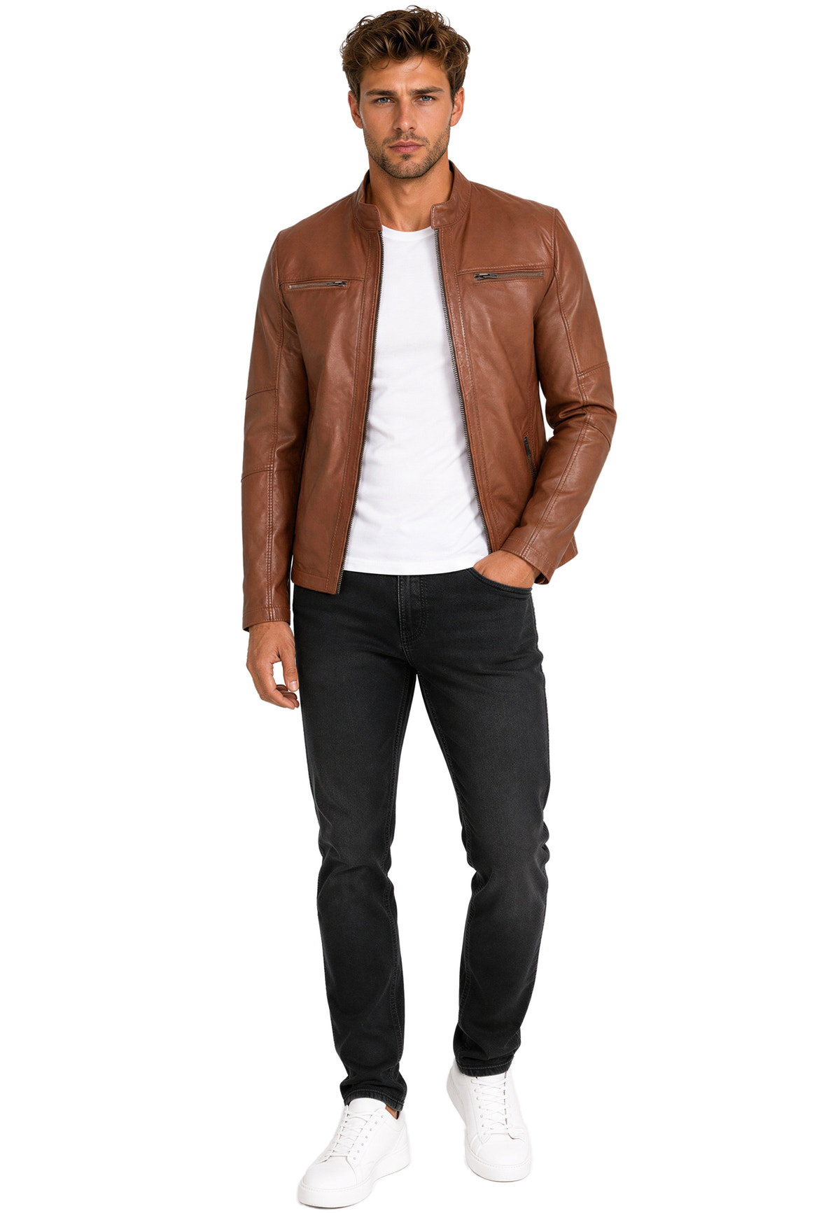 Herren Slim Fit Echtlederjacke Silver Zipper in Brown – Reichstadt – Ansicht 6