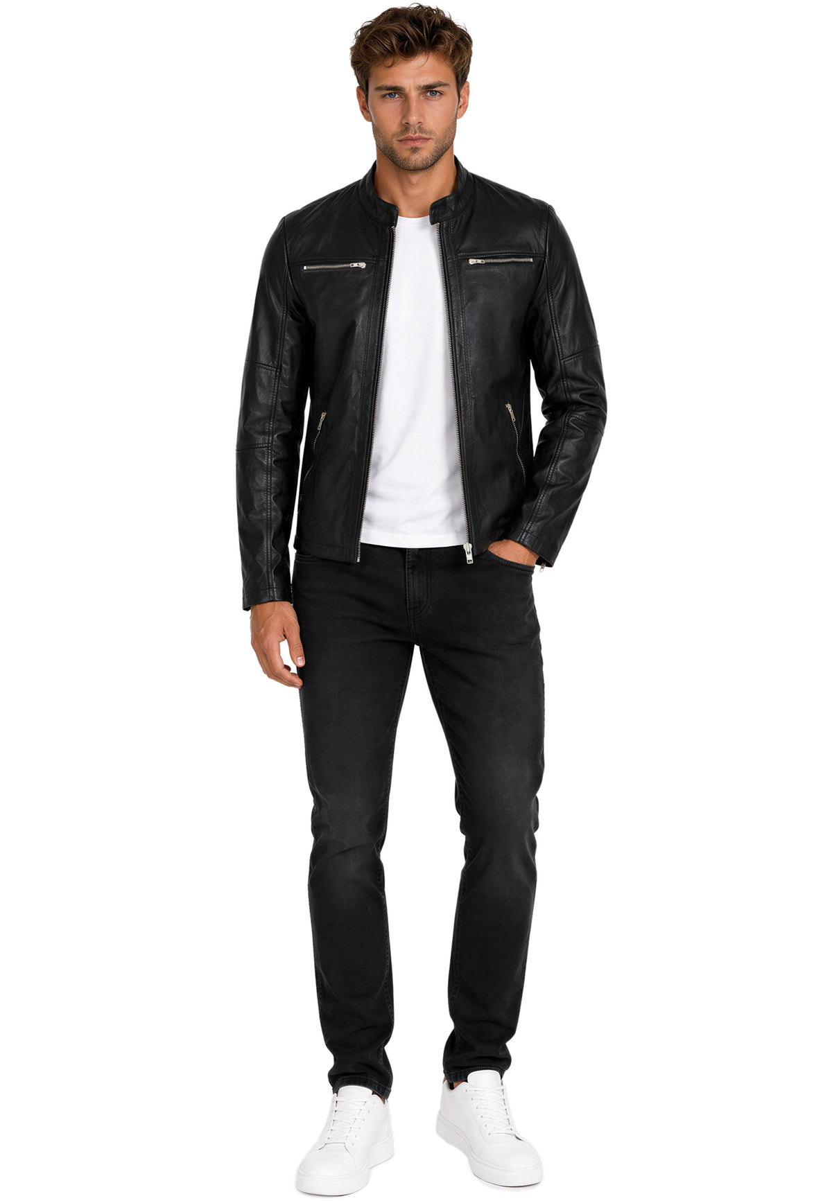 Herren Slim Fit Echtlederjacke Silver Zipper in Black – Reichstadt – Ansicht 6
