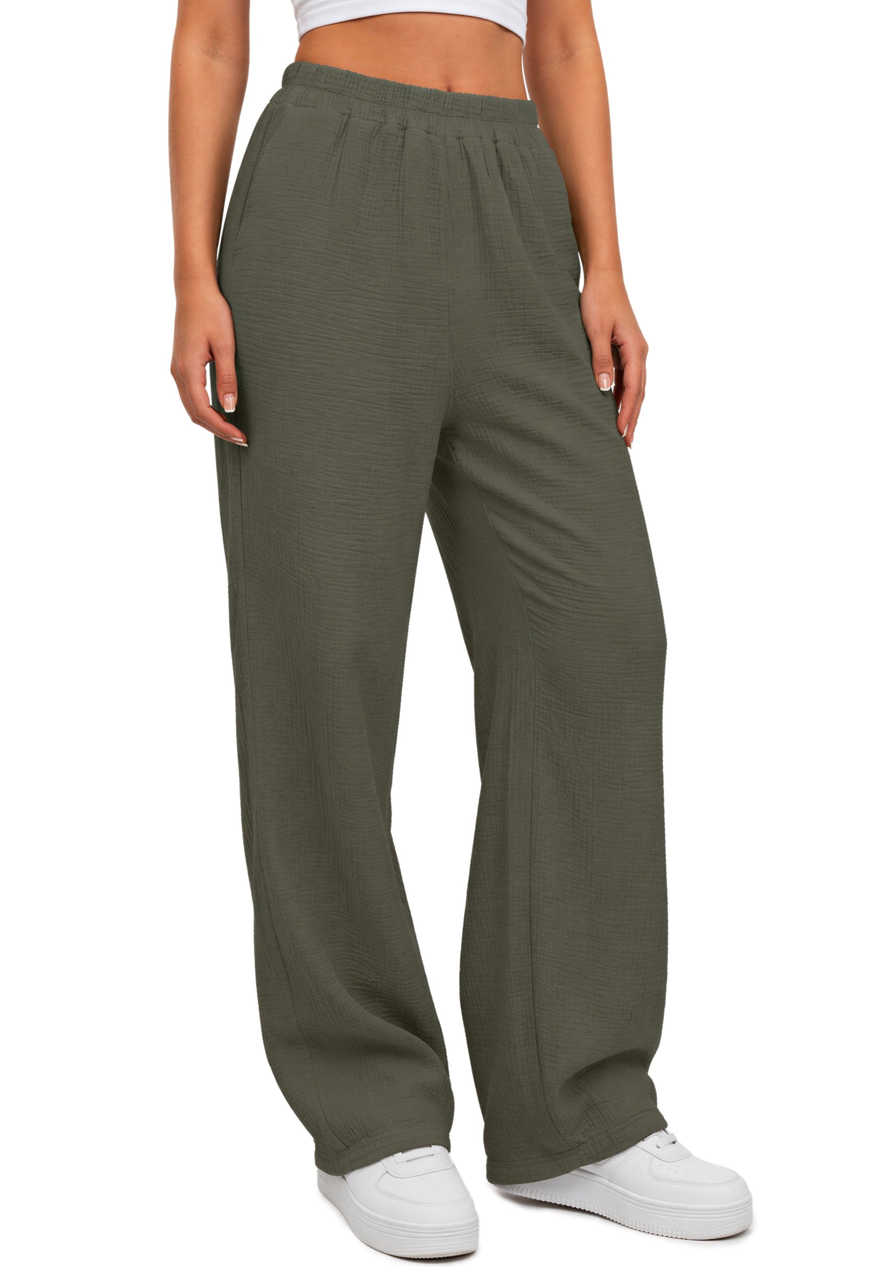 Damen Oversized Hose Musselin 25RSW082 - Khaki