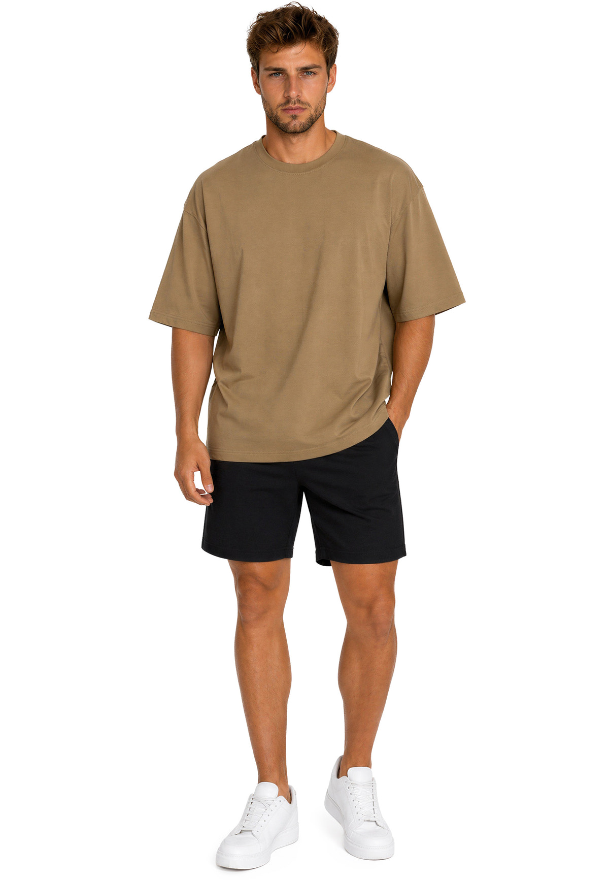 Herren Regular Fit T-Shirt Shoulder Drop in Khaki – Reichstadt – Ansicht 7