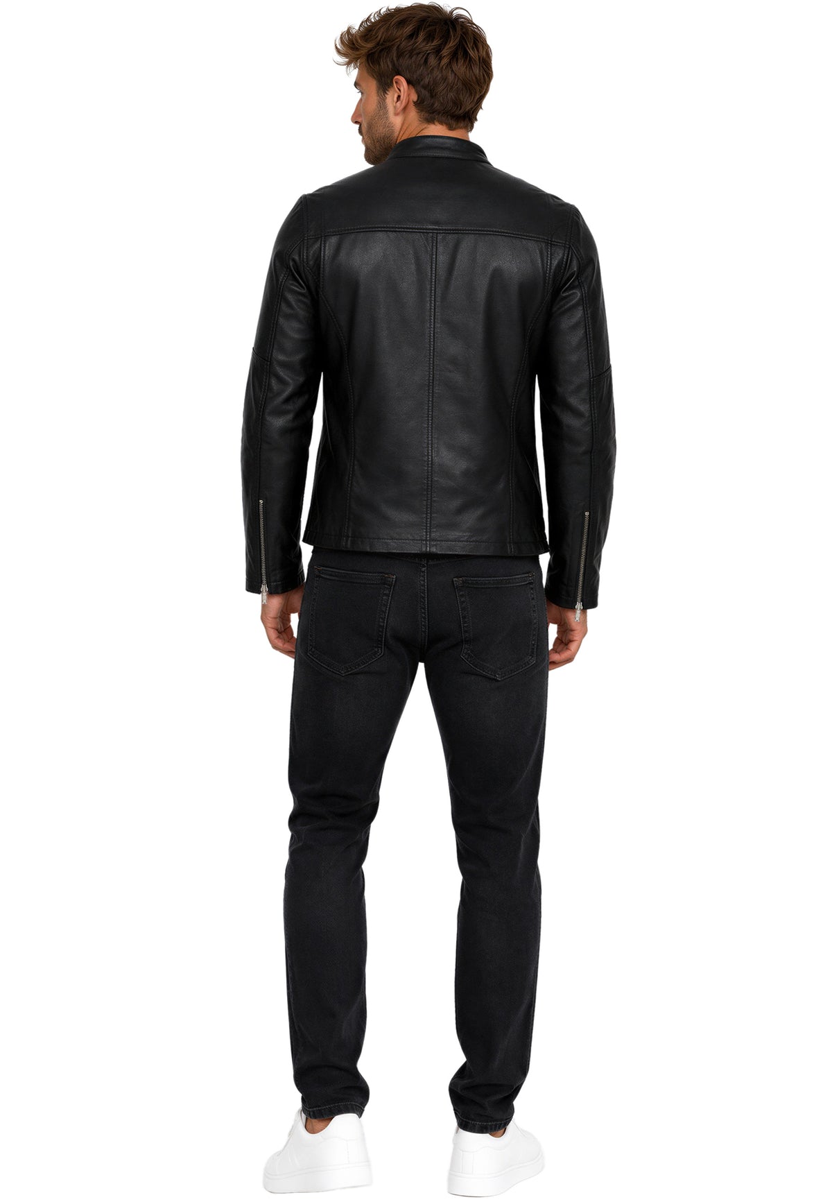 Herren Slim Fit Echtlederjacke Silver Zipper in Black – Reichstadt – Ansicht 7