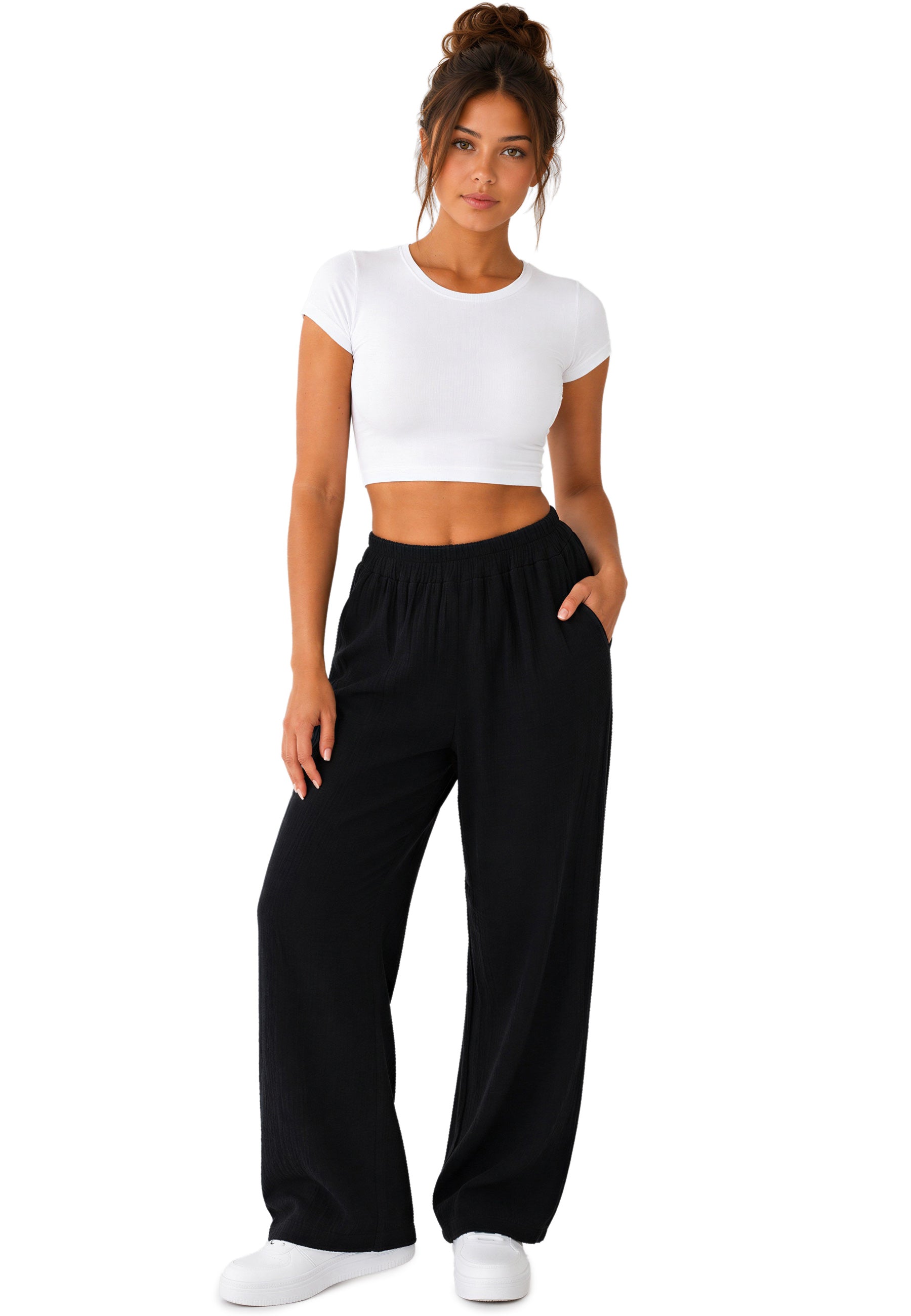 Damen Oversized Hose Musselin 25RSW082 - Black