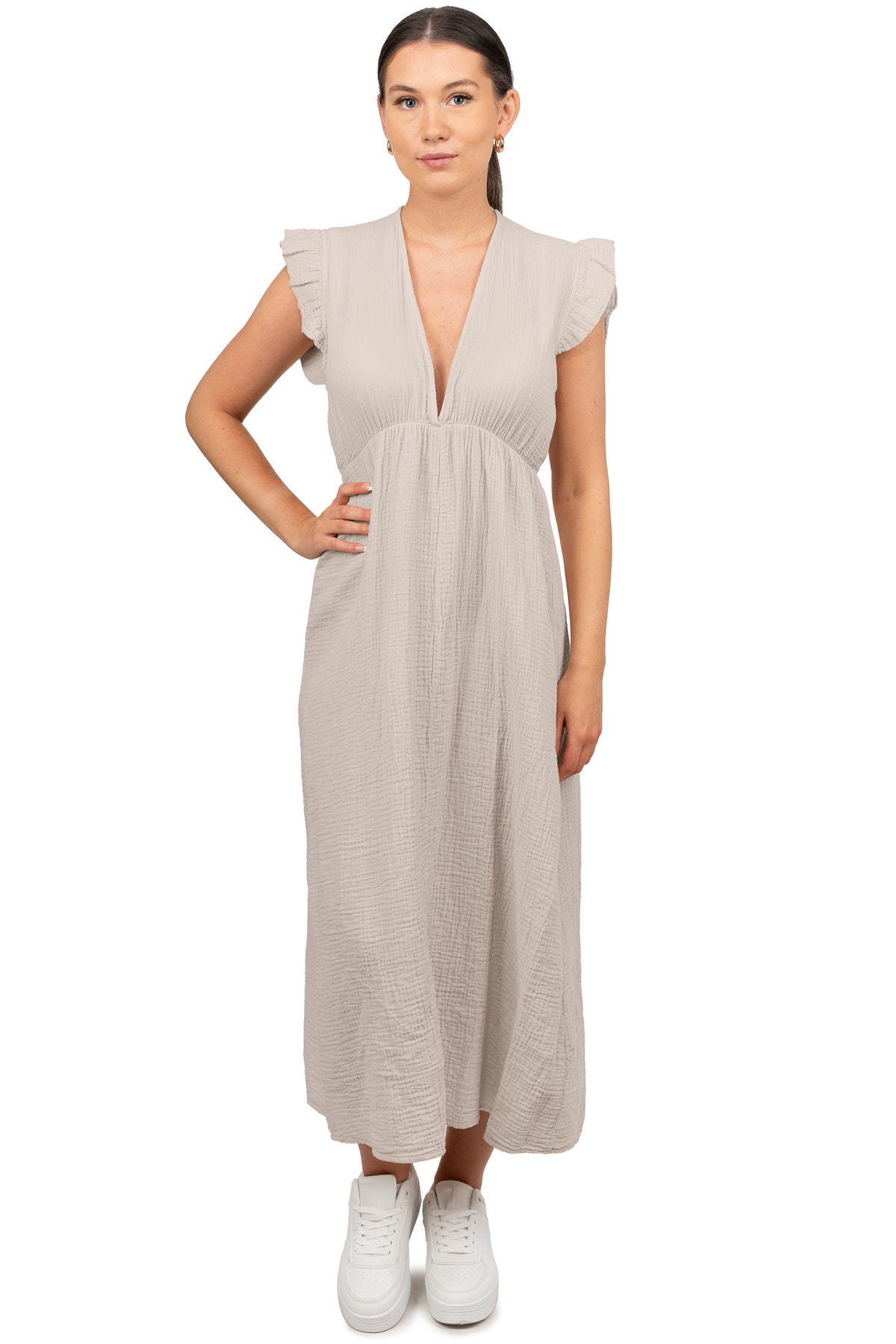Damen Relaxed Fit Sommerkleid Musselin in Beige – Reichstadt – Ansicht 7