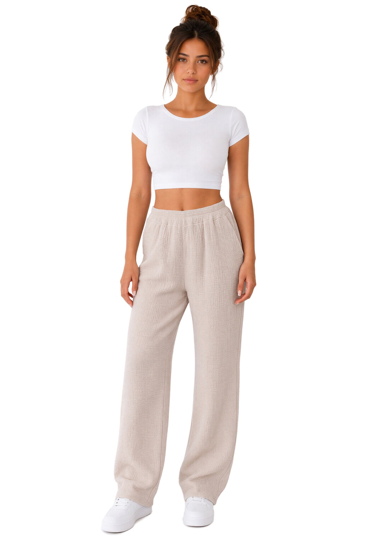 Damen Oversized Hose Musselin in Beige – Reichstadt – Ansicht 7