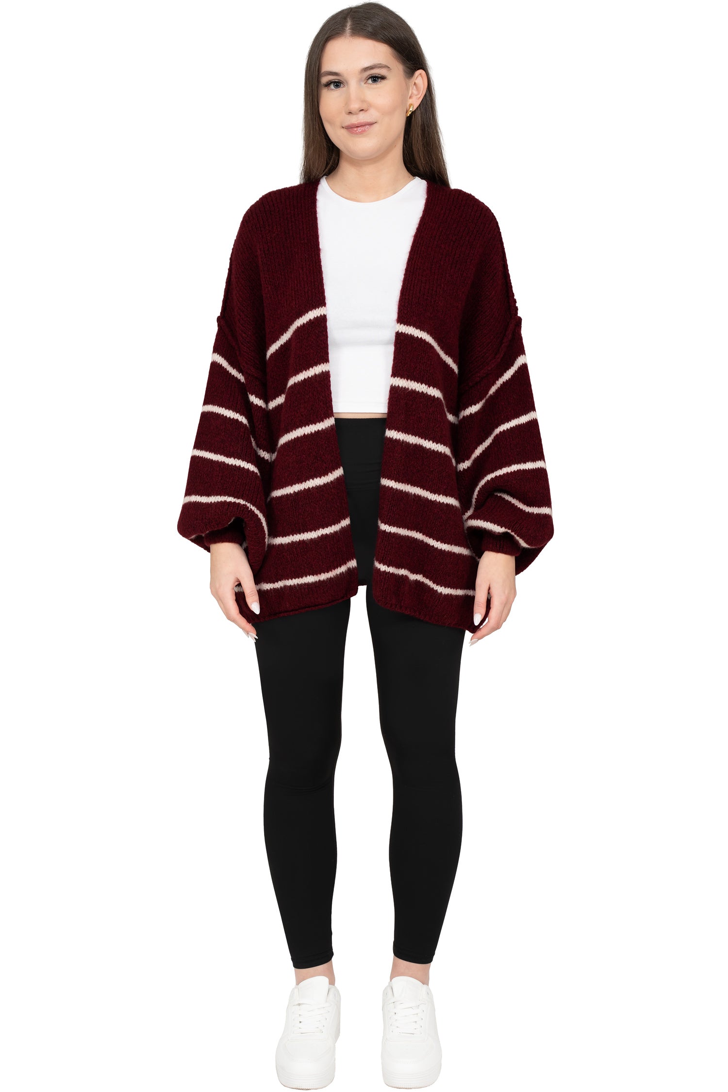 Damen Relaxed Fit Cardigan 25RSW088 - Bordeaux-White