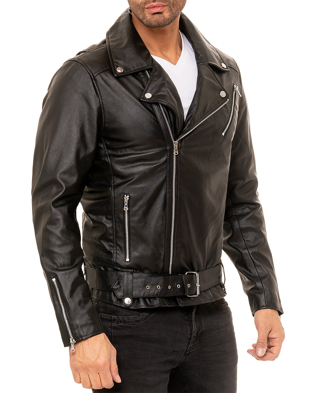 Herren Slim Fit Echtlederjacke Silver Zipper in Black – Reichstadt – Ansicht 7