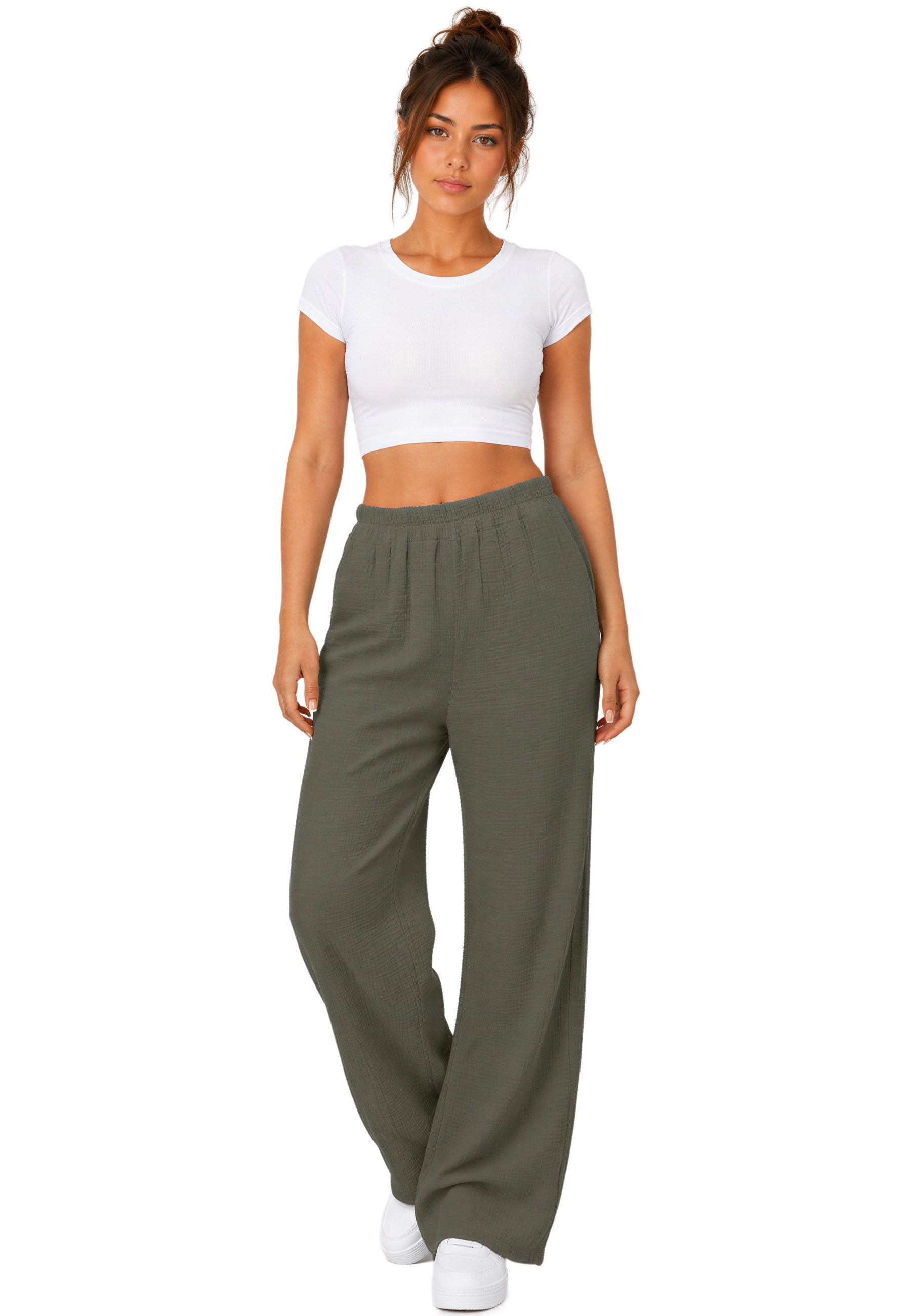Damen Oversized Hose Musselin 25RSW082 - Khaki