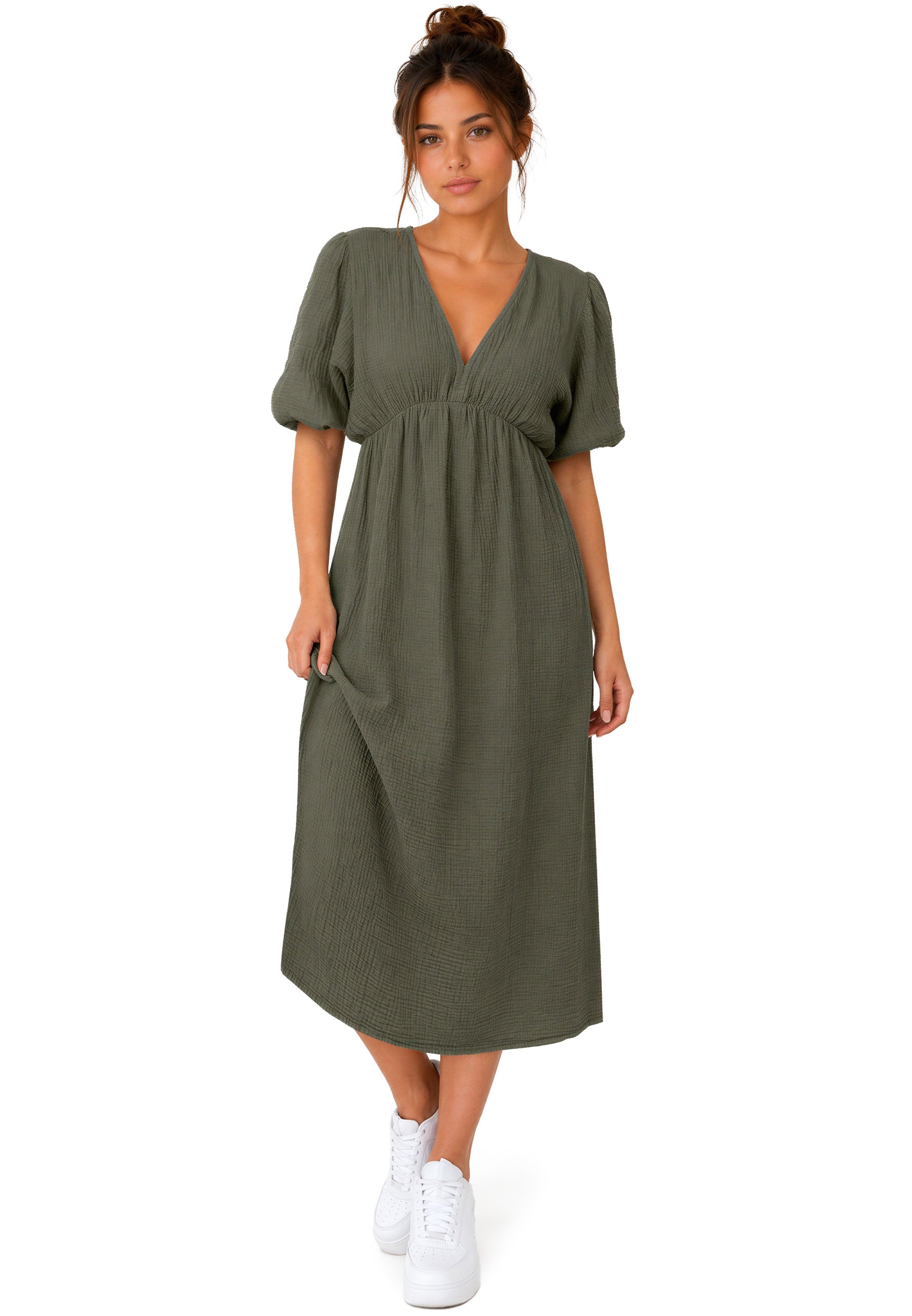 Damen Relaxed Fit Sommerkleid Musselin 25RSW077 - Khaki