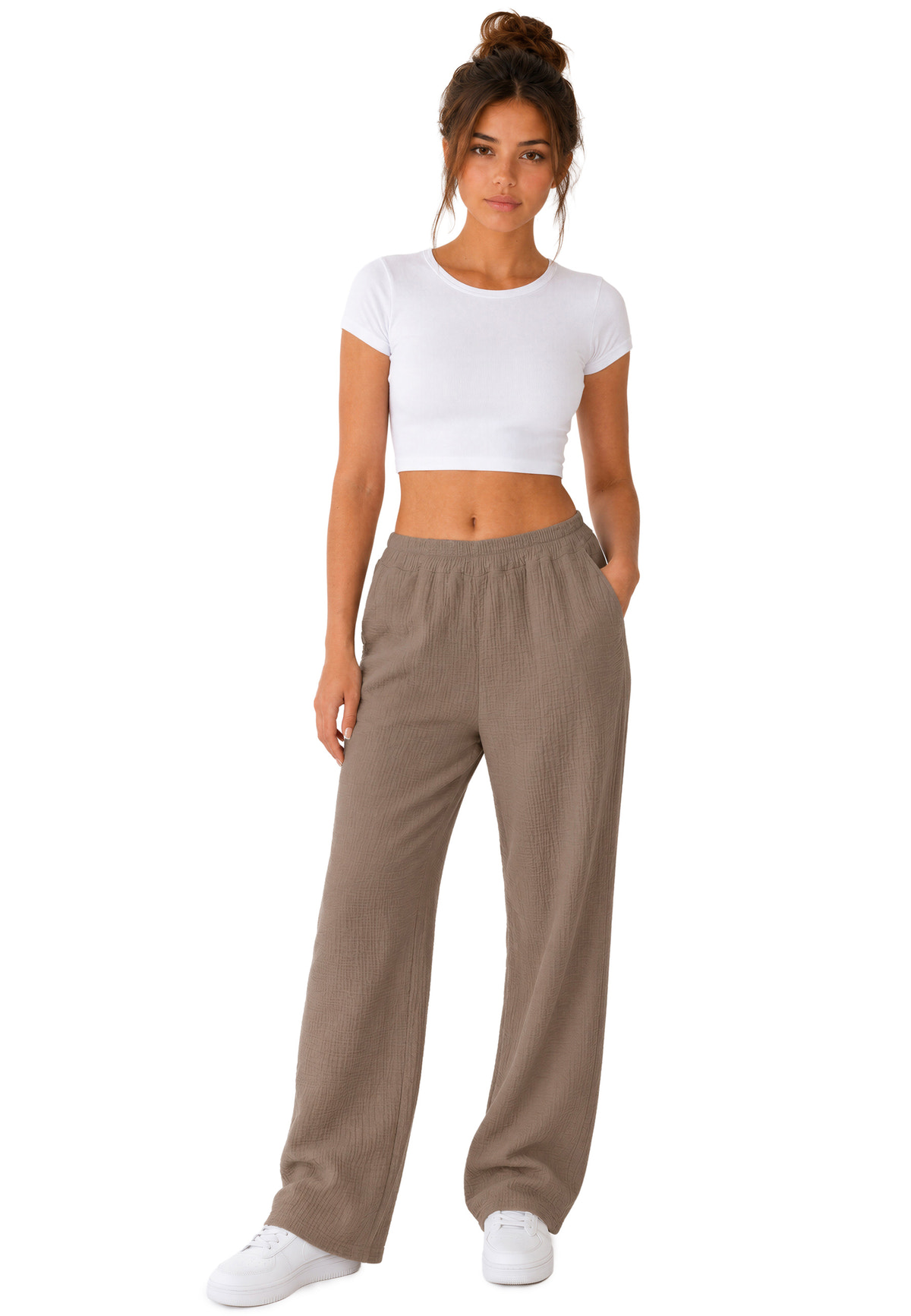 Damen Oversized Hose Musselin in Taupe – Reichstadt – Ansicht 7