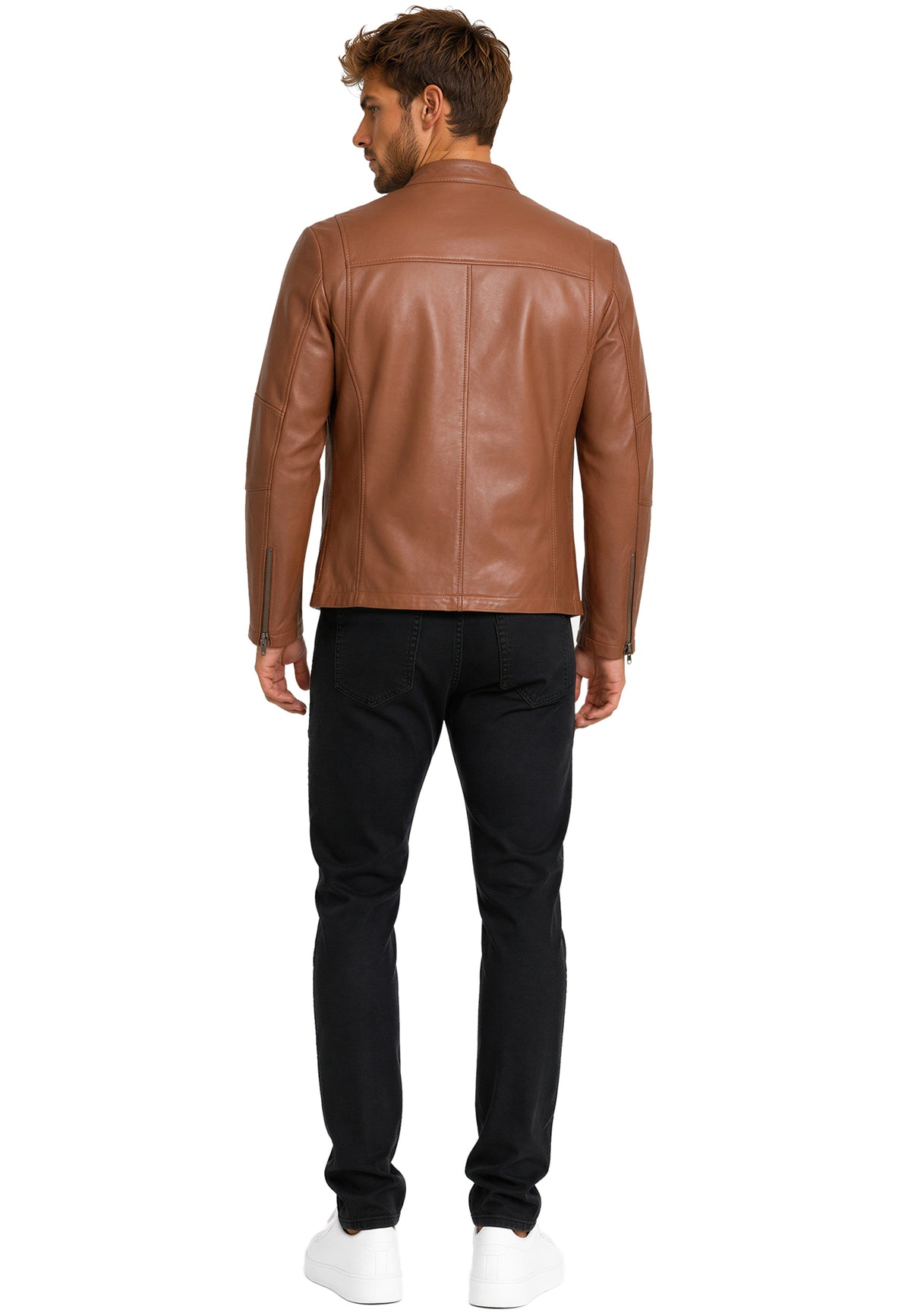 Herren Slim Fit Echtlederjacke Silver Zipper in Brown – Reichstadt – Ansicht 7